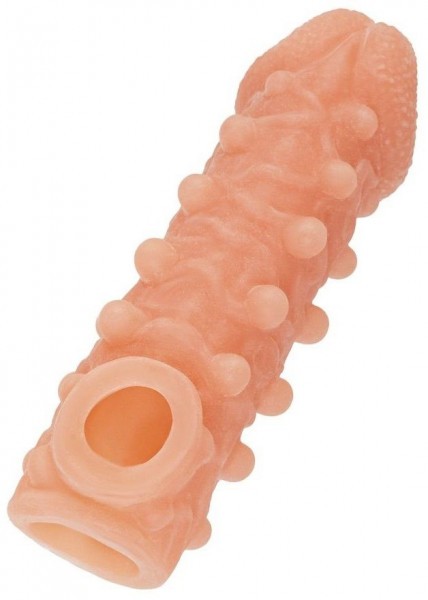 Телесная закрытая насадка с шариками Cock Sleeve 010 Size M - 15,6 см.