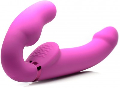 Розовый безремневой страпон с вибрацией и функцией расширения Inflatable Ergo-Fit Strapless Strap-On