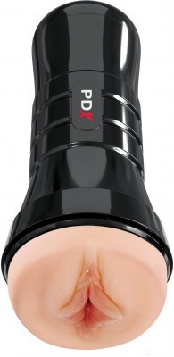 Телесный мастурбатор-вагина в черной колбе Super Luscious Lips XXL
