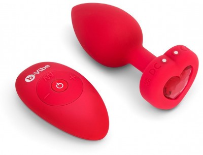 Красный анальный плаг с кристаллом-сердцем Vibrating Heart Shape Jewel Plug M-L