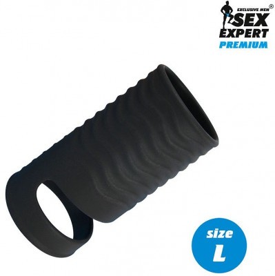 Черная открытая насадка на пенис с кольцом для мошонки L-size - 8,5 см.