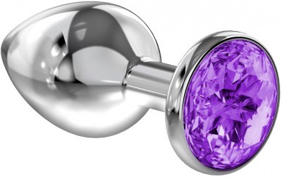 Большая серебристая анальная пробка Diamond Purple Sparkle Large с фиолетовым кристаллом - 8 см.