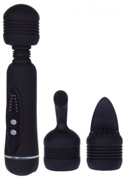 Черный вибромассажер со сменными насадками Power Wand - 20,5 см.
