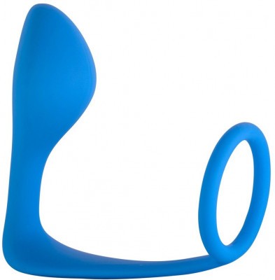 Синее эрекционное кольцо с анальной пробкой Button Anal Plug