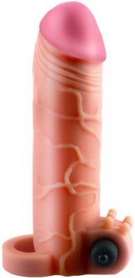 Телесная вибронасадка с кольцом Vibrating Real Feel 2 Extension - 16 см.