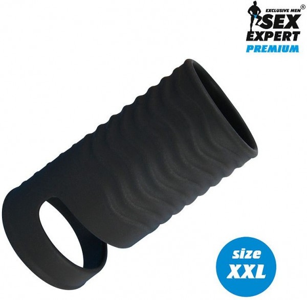 Черная открытая насадка на пенис с кольцом для мошонки XXL-size - 9,4 см.