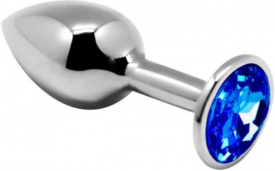 Серебристая анальная втулка с синим кристаллом Mini Metal Butt L - 9 см.