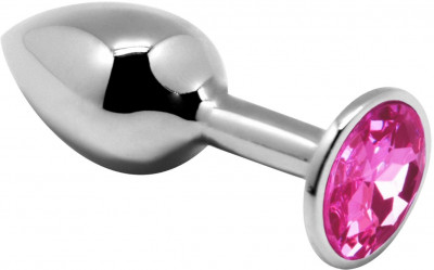 Серебристая анальная втулка с розовым кристаллом Mini Metal Butt L - 9 см.