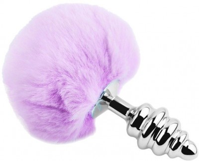 Серебристая анальная пробка с сиреневым мехом Metal Anal Fluffly Twist Plug L