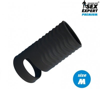 Черная открытая насадка на пенис с кольцом для мошонки size M - 7,9 см.