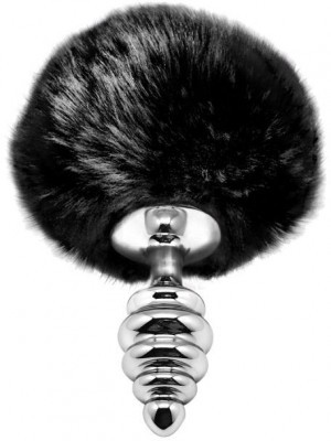 Серебристая анальная пробка с черным хвостиком Metal Anal Fluffly Twist Plug S
