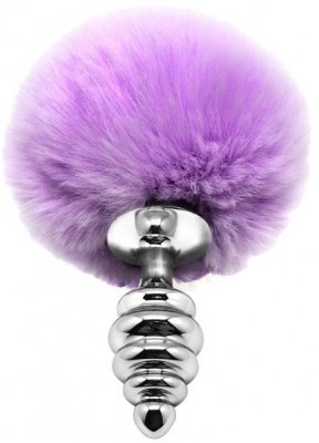Серебристая анальная пробка с сиреневым помпоном Metal Anal Fluffly Twist Plug S