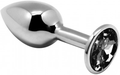 Серебристая анальная втулка с черным кристаллом Mini Metal Butt Plug Size S - 7 см.