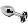 Серебристая анальная втулка с черным кристаллом Mini Metal Butt Plug Size S - 7 см.