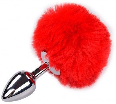 Серебристая анальная пробка с красным хвостиком Metal Anal Fluffy Size S