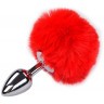 Серебристая анальная пробка с красным хвостиком Metal Anal Fluffy Size S