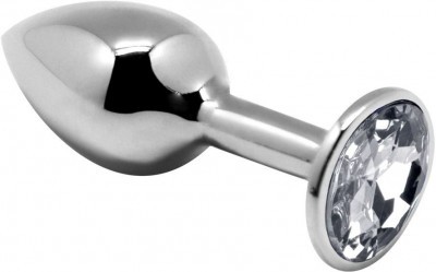 Серебристая анальная втулка с прозрачным кристаллом Mini Metal Butt Plug Size S - 7 см.
