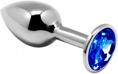 Серебристая анальная втулка с синим кристаллом Mini Metal Butt Plug Size S - 7 см.