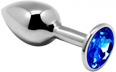 Серебристая анальная втулка с синим кристаллом Mini Metal Butt Plug Size M - 8 см.