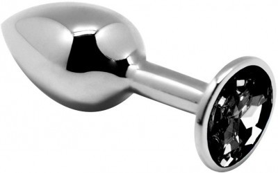 Серебристая анальная втулка с черным кристаллом Mini Metal Butt Plug Size M - 8 см.