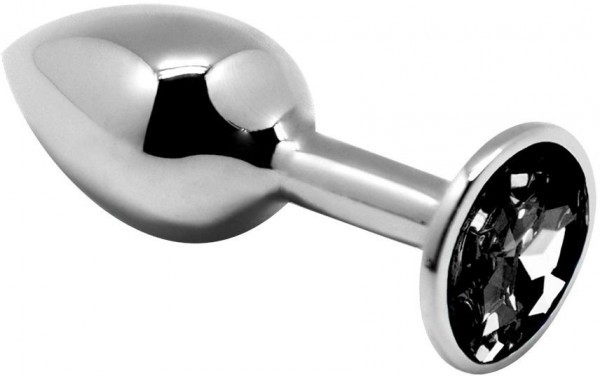 Серебристая анальная втулка с черным кристаллом Mini Metal Butt Plug Size M - 8 см.