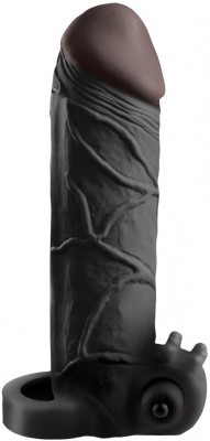 Чёрная вибронасадка с кольцом Vibrating Real Feel 2 Extension - 16 см.