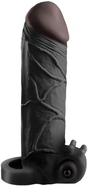 Чёрная вибронасадка с кольцом Vibrating Real Feel 2 Extension - 16 см.