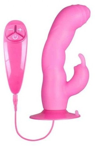 Розовый вибратор с клиторальным стимулятором BUNNY ICY - 18 см.