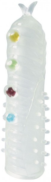 Закрытая белая насадка на пенис Crystal Sleeve с шариками и усиками - 14 см.